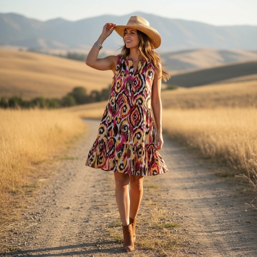 Dylan Madison Women's Sleeveless V-Neck Tiered Dress Ikat Boho Western Size XS